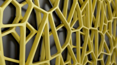 Siyah arka plan üzerine soyut sarı 3d rendeleyin. Hoparlör ızgara. Kaotik satır yapısı. 3D render illüstrasyon