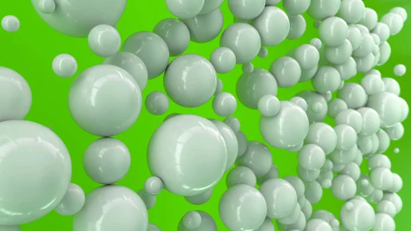 Esferas Blancas Tamaño Aleatorio Sobre Fondo Verde Fondo Abstracto Con — Foto de Stock
