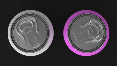 İki küçük beyaz ve mor alüminyum tozu siyah arka plan üzerine mockup kutular. Bira veya içecek teneke paketi. 3D render illüstrasyon