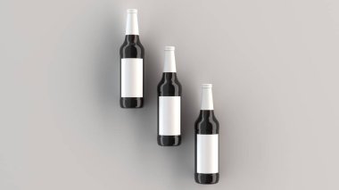 Kadar üç uzun kahverengi bira şişe 0,5 l beyaz arka plan beyaz boş etiketlerle ilgili alay et. Tasarım veya marka şablonu. 3D render illüstrasyon