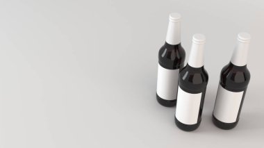 Kadar üç uzun kahverengi bira şişe 0,5 l beyaz arka plan beyaz boş etiketlerle ilgili alay et. Tasarım veya marka şablonu. 3D render illüstrasyon