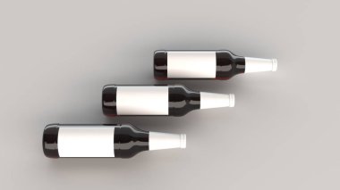 Kadar üç uzun kahverengi bira şişe 0,5 l beyaz arka plan beyaz boş etiketlerle ilgili alay et. Tasarım veya marka şablonu. 3D render illüstrasyon