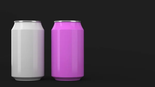 Two Small White Purple Aluminum Soda Cans Mockup Black Background — Stock Photo, Image