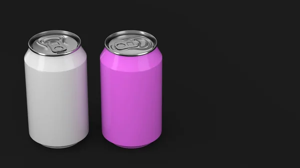 Два Маленьких Белых Фиолетовых Алюминиевых Банки Соды Макет Черном Фоне — стоковое фото