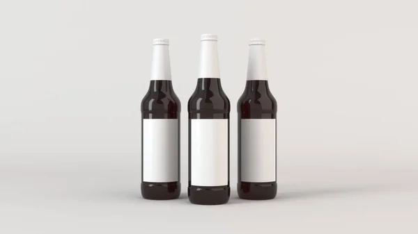 Maquette Trois Grandes Bouteilles Bière Brune Avec Des Étiquettes Blanches — Photo