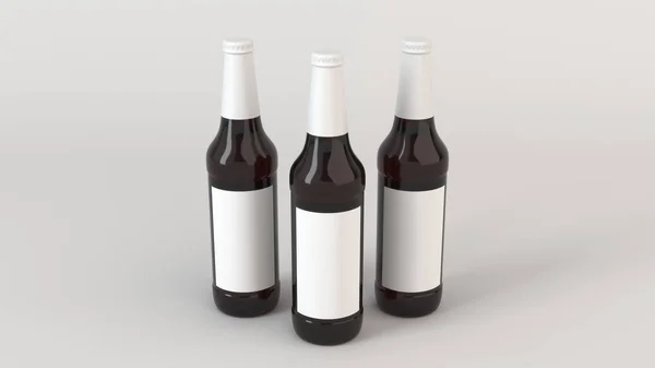 Mock Três Garrafas Cerveja Marrom Alto Com Rótulos Brancos Branco — Fotografia de Stock