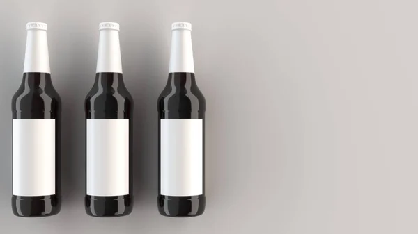 Χλευάσουμε Επάνω Τρία Μπουκάλια Ψηλό Μαύρη Μπύρα Κενό Λευκές Ετικέτες — Φωτογραφία Αρχείου