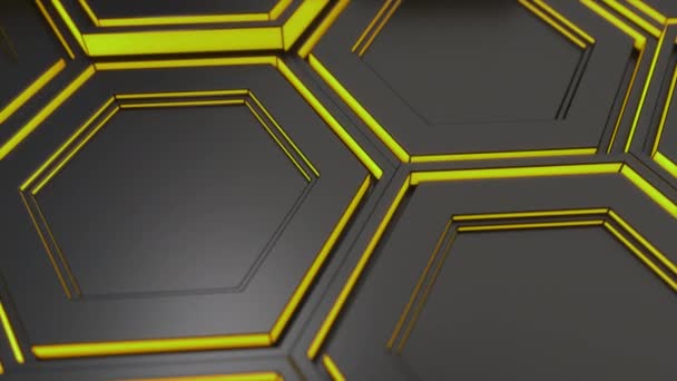 Fondo Tecnológico Abstracto Hecho Hexágonos Negros Con Brillo Amarillo Pared — Vídeo de stock