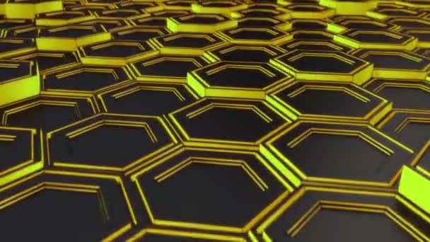 Abstract Technological Background Made Black Hexagons Yellow Glow Wall Hexagons — Stock Video