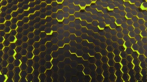 Fond technologique abstrait fait d'hexagones noirs avec une lueur jaune. Mur d'hexagones. Illustration de rendu 3D 