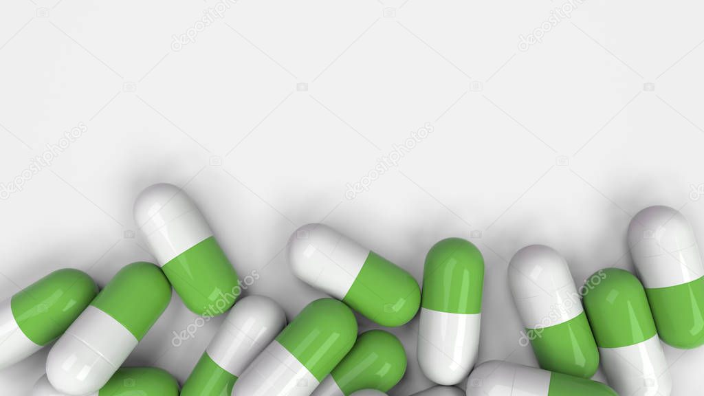 Pile of white and green medicine capsules on white background. Medical, healthcare or pharmacy concept. 3D rendering illustration