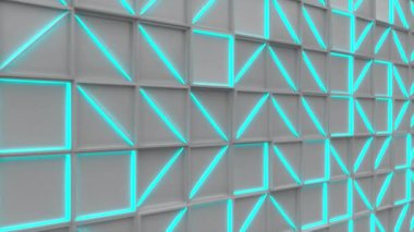 Beyaz dikdörtgen duvar mavi parlak öğelerle döşer. Kare kiremit kılavuz. Arka plan. 3D render