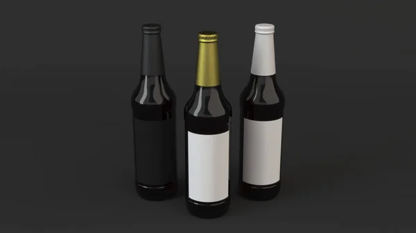 Mock Three Tall Brown Beer Bottles Blank Black White Labels — Stock Photo, Image