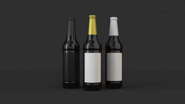 Макет Трьох Пляшок Високого Коричневого Пива Порожніми Чорно Білими Етикетками — стокове фото
