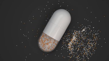 Siyah arka plan üzerinde renkli ilaç kapsül. Tıbbi ya da eczane konsepti. 3D render illüstrasyon