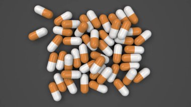 Siyah arka plan üzerine beyaz ve turuncu ilaç kapsül yığını. Tıp, sağlık veya eczane konsepti. 3D render illüstrasyon