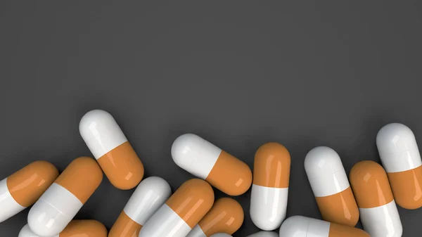 Pile of white and orange medicine capsules on black background. Medical, healthcare or pharmacy concept. 3D rendering illustration