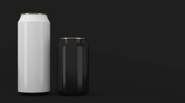 Büyük beyaz ve küçük siyah altın alüminyum tozu siyah arka plan üzerine mockup kutular. Bira veya içecek teneke paketi. 3D render illüstrasyon