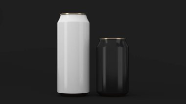 Büyük beyaz ve küçük siyah altın alüminyum tozu siyah arka plan üzerine mockup kutular. Bira veya içecek teneke paketi. 3D render illüstrasyon