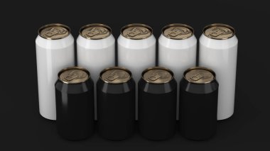 Büyük ve küçük siyah beyaz gazoz siyah arka plan üzerine iki raws ayakta kutular. İçecek mockup. Bira veya içecek teneke paketi. 3D render illüstrasyon