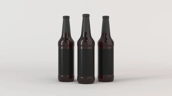 Maquette Trois Grandes Bouteilles Bière Brune Avec Des Étiquettes Noires — Photo