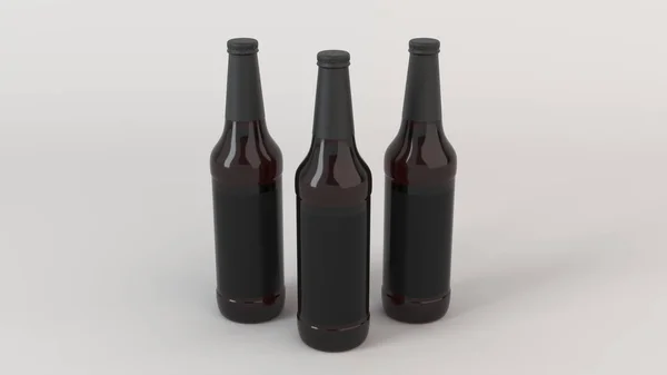 Mock Three Tall Brown Beer Bottles Blank Black Labels White — Stock Photo, Image