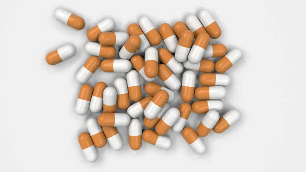 Pile of white and orange medicine capsules on white background. Medical, healthcare or pharmacy concept. 3D rendering illustration