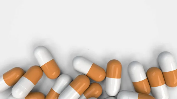 Pile of white and orange medicine capsules on white background. Medical, healthcare or pharmacy concept. 3D rendering illustration