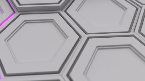 抽象的な技術背景は紫色の光と白い六角形に成っています 六角形の壁 レンダリング図 — ストック動画