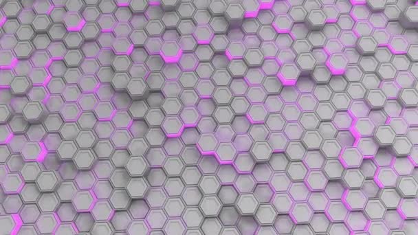 Абстрактный Технологический Фон Белых Шестиугольников Фиолетовым Свечением Стена Шестиугольников Рендеринг — стоковое видео