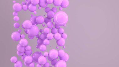 Beyaz arka plan üzerinde rastgele büyüklükteki mor küreler. Arka plan daire ile. Bulut çevrelerin duvar önünde. 3D render illüstrasyon