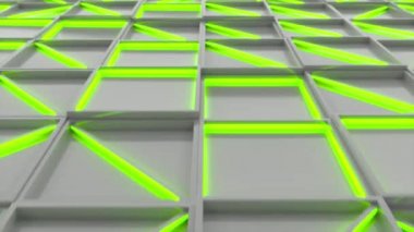 Beyaz dikdörtgen duvar yeşil parlayan öğelerle döşer. Kare kiremit kılavuz. Arka plan. 3D render