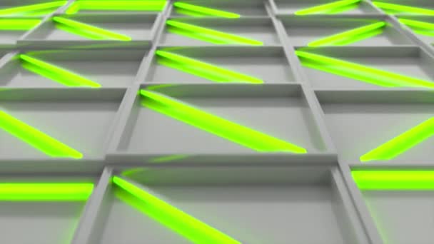 Стена Белой Прямоугольной Плитки Зелеными Светящимися Элементами Сетка Квадратной Плитки — стоковое видео