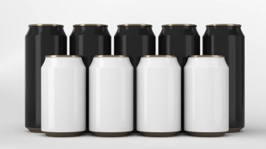 Büyük ve küçük siyah beyaz gazoz ayakta beyaz arka plan üzerinde iki raws kutular. İçecek mockup. Bira veya içecek teneke paketi. 3D render illüstrasyon