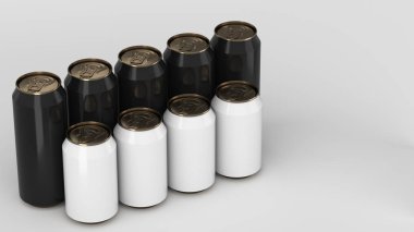 Büyük ve küçük siyah beyaz gazoz ayakta beyaz arka plan üzerinde iki raws kutular. İçecek mockup. Bira veya içecek teneke paketi. 3D render illüstrasyon