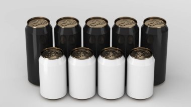 Büyük ve küçük siyah beyaz gazoz ayakta beyaz arka plan üzerinde iki raws kutular. İçecek mockup. Bira veya içecek teneke paketi. 3D render illüstrasyon