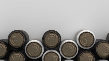 Beyaz arka plan üzerinde büyük siyah ve beyaz gazoz kutu. İçecek mockup. Bira veya içecek teneke paketi. 3D render illüstrasyon