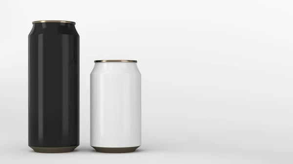 Grote Zwarte Kleine Witgoud Aluminium Soda Blikjes Mockup Witte Achtergrond — Stockfoto