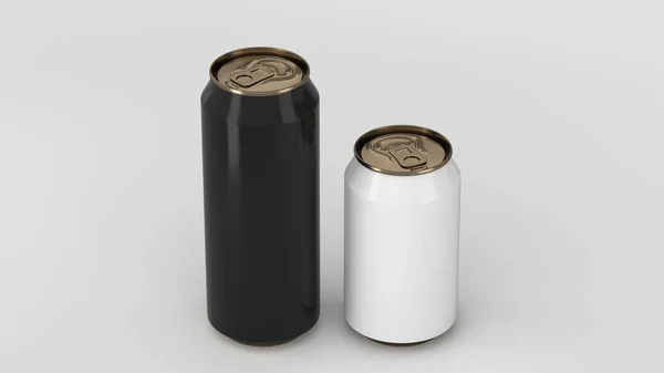 Big Black Small White Gold Aluminum Soda Cans Mockup White — Stock Photo, Image