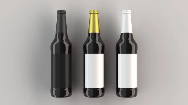 つの背の高い茶色ビール ボトル を白背景に黒と白ラベルの空白のモックアップを作成します デザインやブランド化のテンプレート レンダリング図 — ストック写真