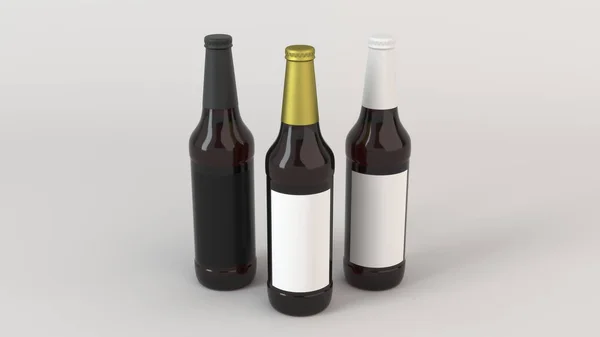 Makiety Trzech Butelek Wysoki Brązowy Piwo Puste Etykiety Czarno Białe — Zdjęcie stockowe
