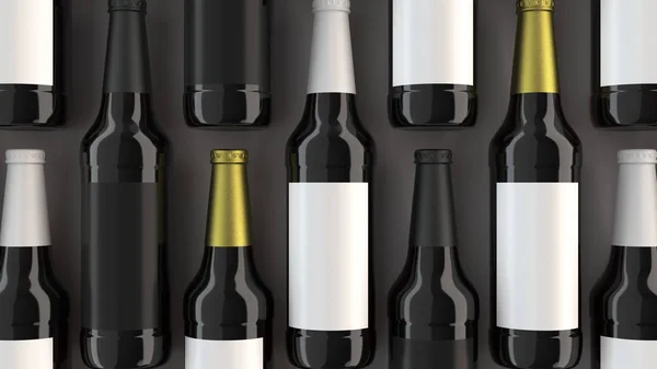Rader Höga Bruna Ölflaskor Med Tomma Svarta Och Vita Etiketter — Stockfoto