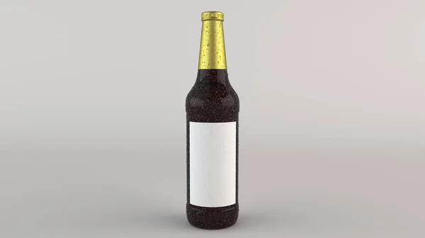 Mock Garrafa Cerveja Marrom Alta Com Condensação Etiqueta Branca Branco — Fotografia de Stock
