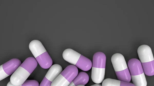一堆白色和紫色的药物胶囊在黑色的背景 医疗或药学的概念 渲染插图 — 图库照片