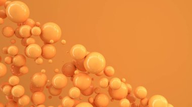 Turuncu küreler turuncu zemin üzerine rastgele büyüklükte. Arka plan daire ile. Bulut çevrelerin duvar önünde. 3D render illüstrasyon