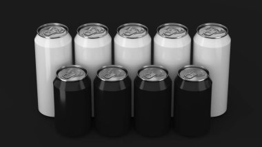 Büyük ve küçük siyah beyaz gazoz siyah arka plan üzerine iki raws ayakta kutular. İçecek mockup. Bira veya içecek teneke paketi. 3D render illüstrasyon