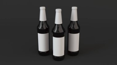Kadar üç uzun kahverengi bira şişe 0,5 l siyah arka plan üzerine beyaz boş etiketlerle ilgili alay et. Tasarım veya marka şablonu. 3D render illüstrasyon