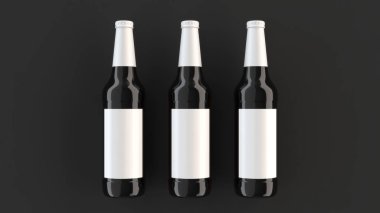 Kadar üç uzun kahverengi bira şişe 0,5 l siyah arka plan üzerine beyaz boş etiketlerle ilgili alay et. Tasarım veya marka şablonu. 3D render illüstrasyon