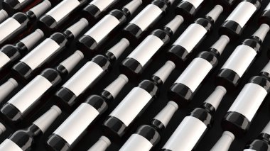 Uzun kahverengi bira şişeleri 0,5 l siyah arka plan üzerine beyaz boş etiketlerle satırlarının. Tasarım veya marka şablonu. 3D render illüstrasyon