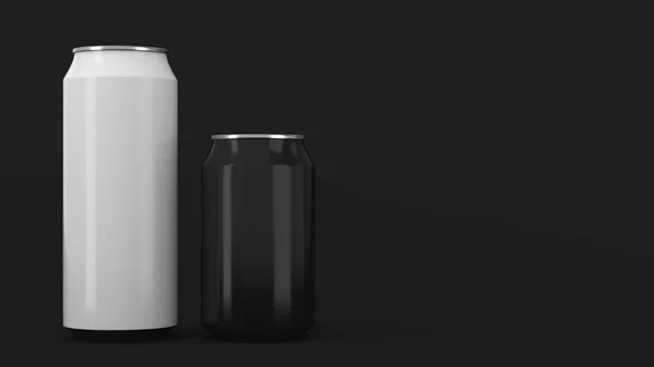 Grote Witte Kleine Zwarte Aluminium Soda Blikjes Mockup Zwarte Achtergrond — Stockfoto